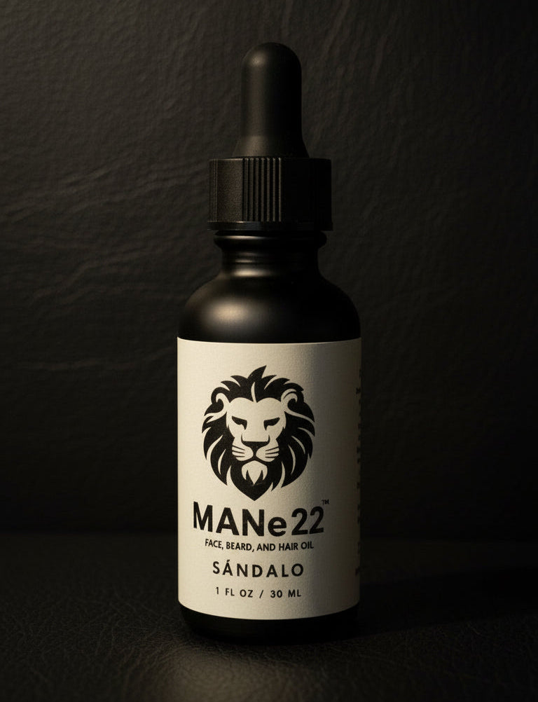 Bottle of MANE22 sandalwood face, beard, and hair oil with a dropper on a black background
